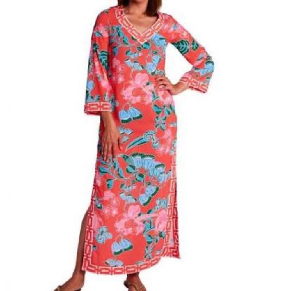 Floral Maxi Tunic Dress in Coral Pink and Blue